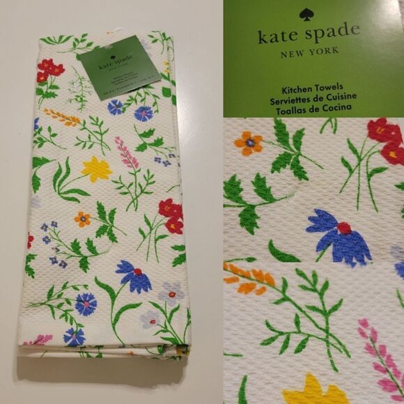 NEW KATE SPADE SPRING GARDEN FLORAL PARTY SET OF 2 KITCHEN TOWELS RED BLUE NWT - Picture 1 of 8